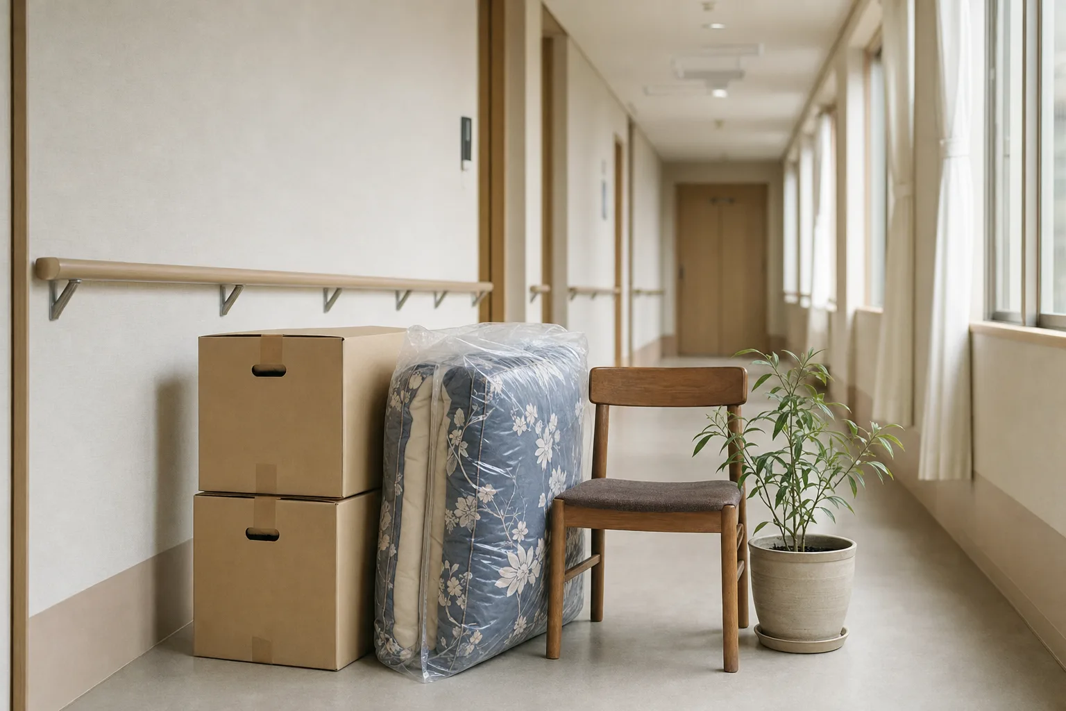施設の明るい廊下に並んだ、入所用の段ボール、布団、椅子、鉢植えなどの荷物